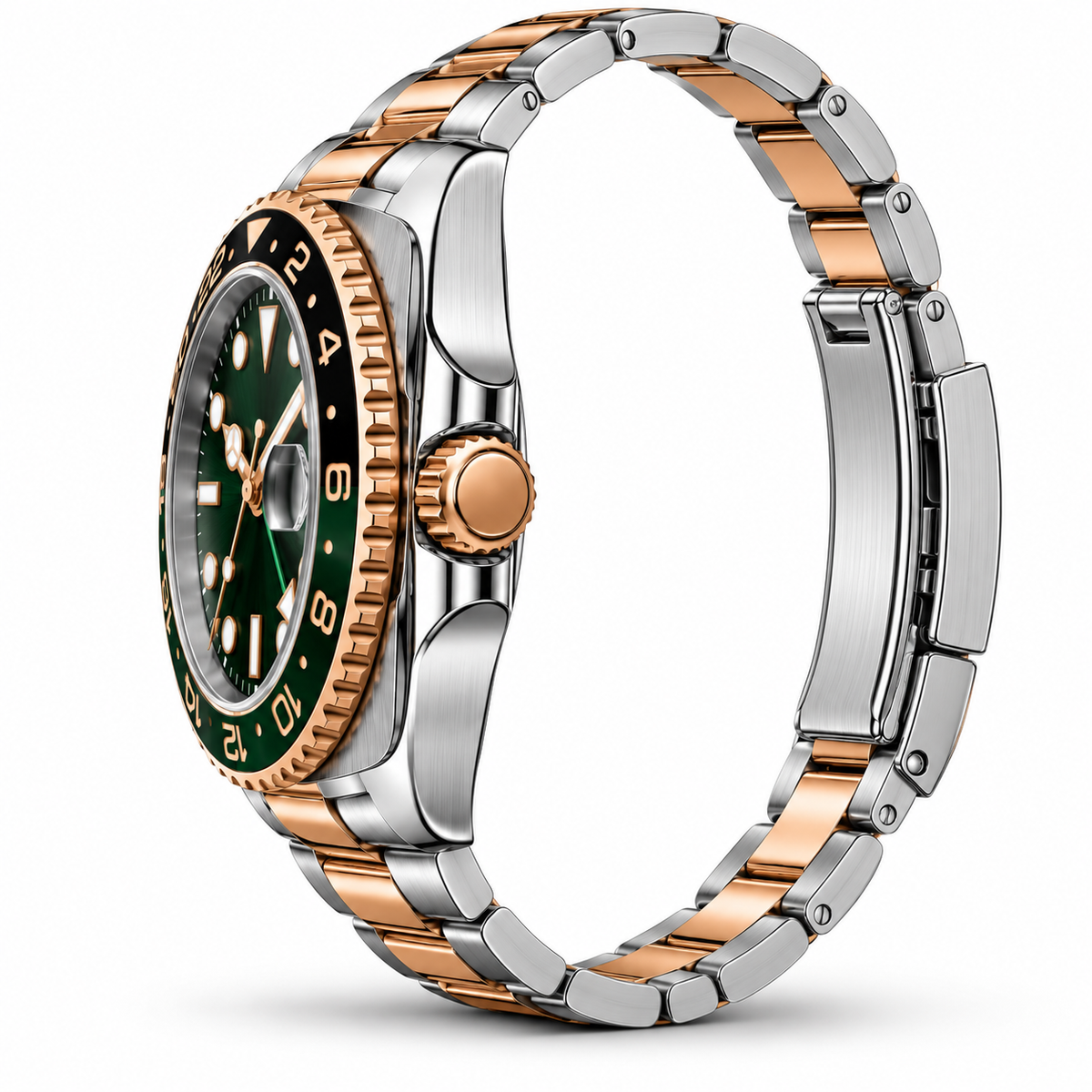 Two Tone Rose Gold Green GMT Watch