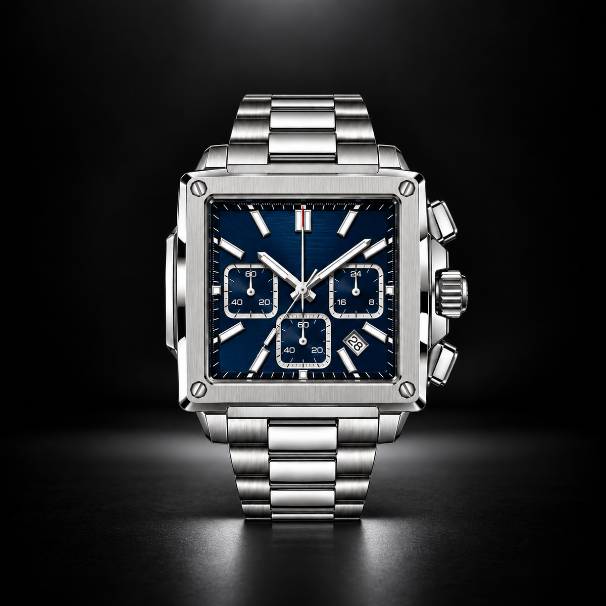 Square Stainless Steel Blue Chronograph Watch