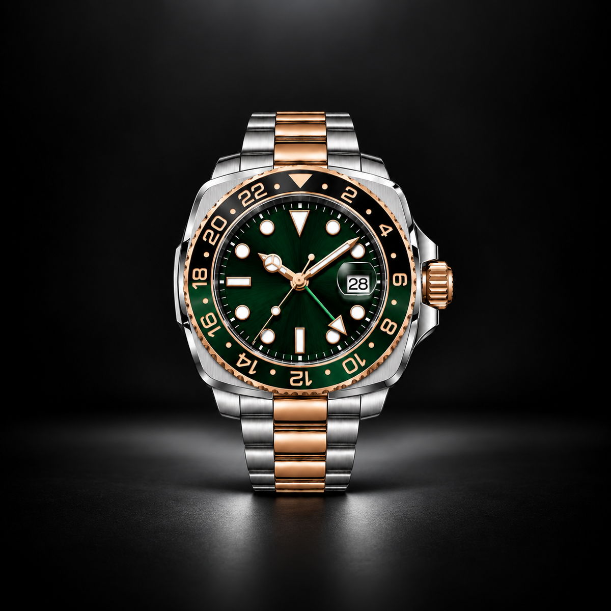 Two Tone Rose Gold Green GMT Watch