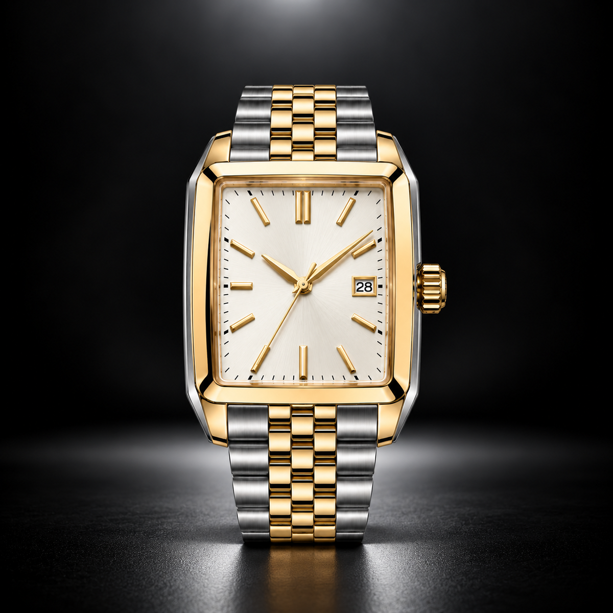 Two Tone Rectangular Gold Dial Watch