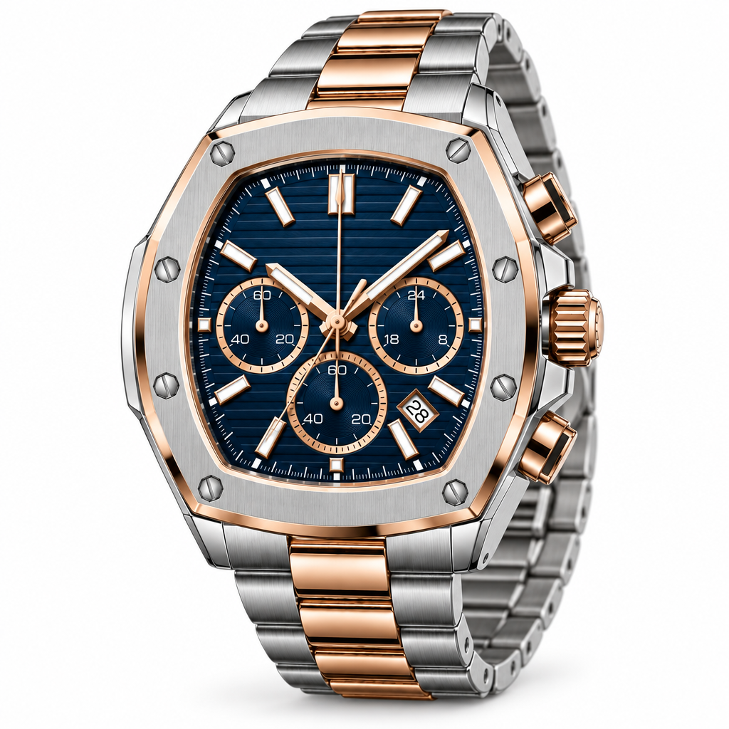 Three-quarter view of two-tone silver and rose-gold-tone watch with navy dial