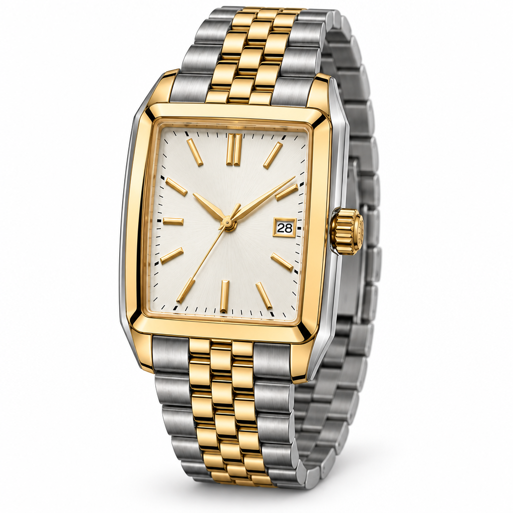 Three-quarter studio view of rectangular two-tone watch