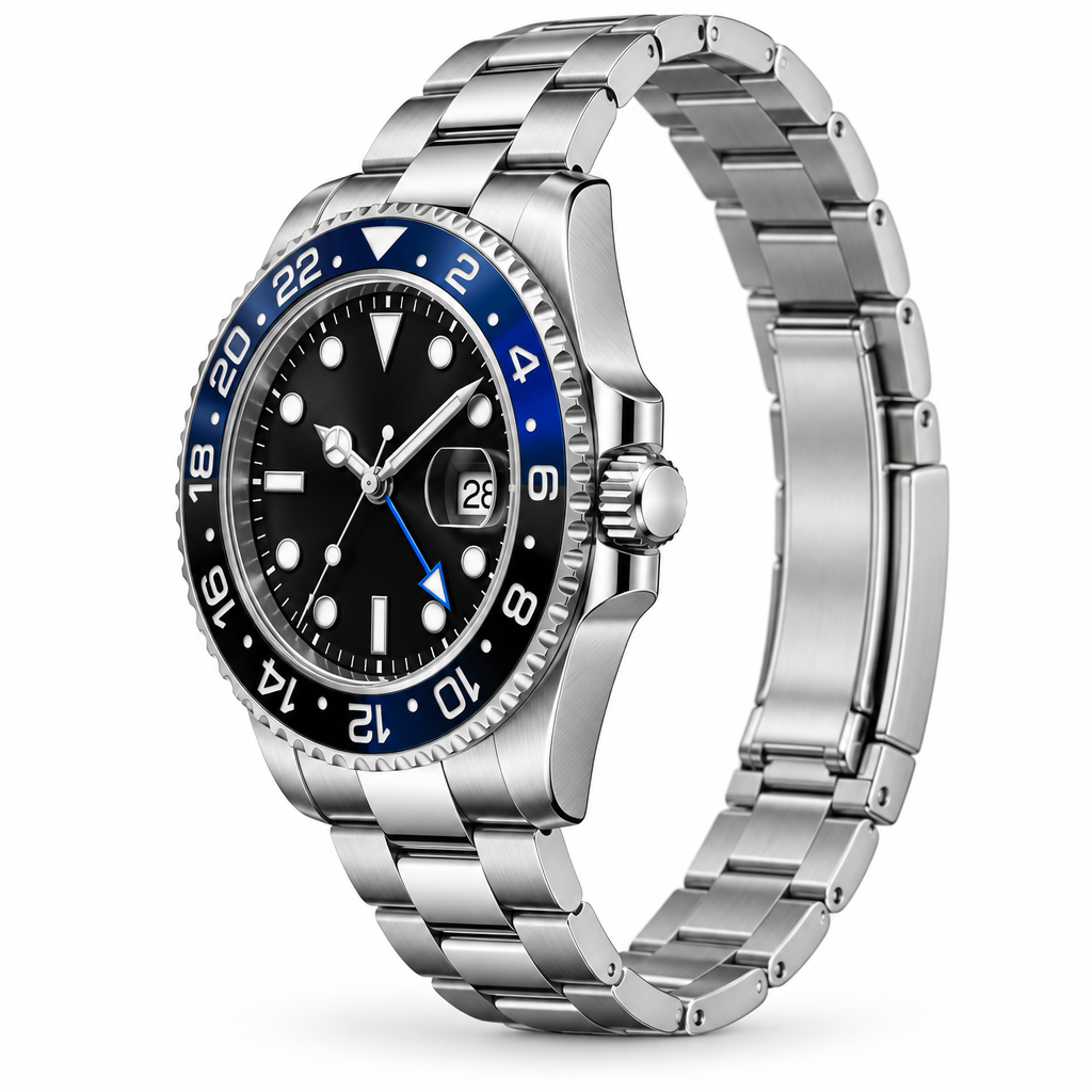 AI-generated side view of silver-tone watch; unverified case profile
