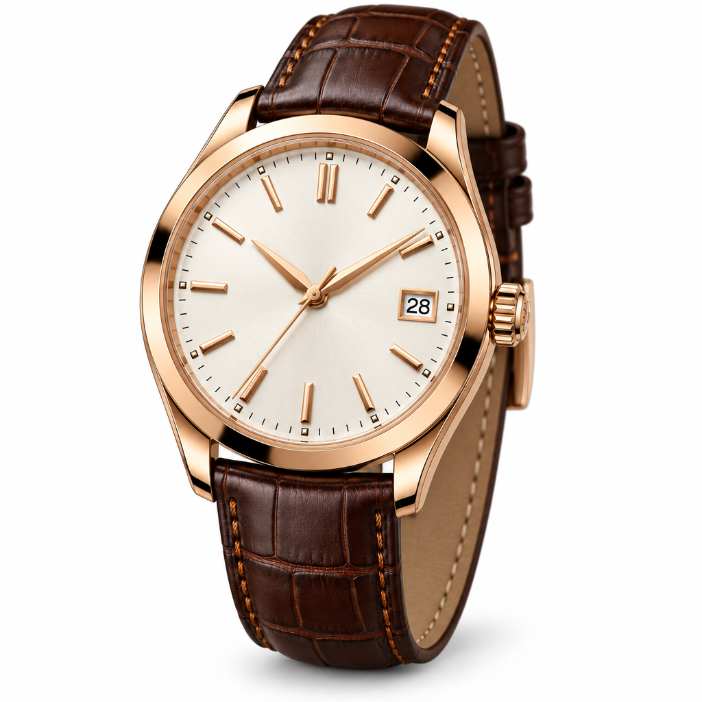 Three-quarter view of rose-gold-tone watch with textured brown strap