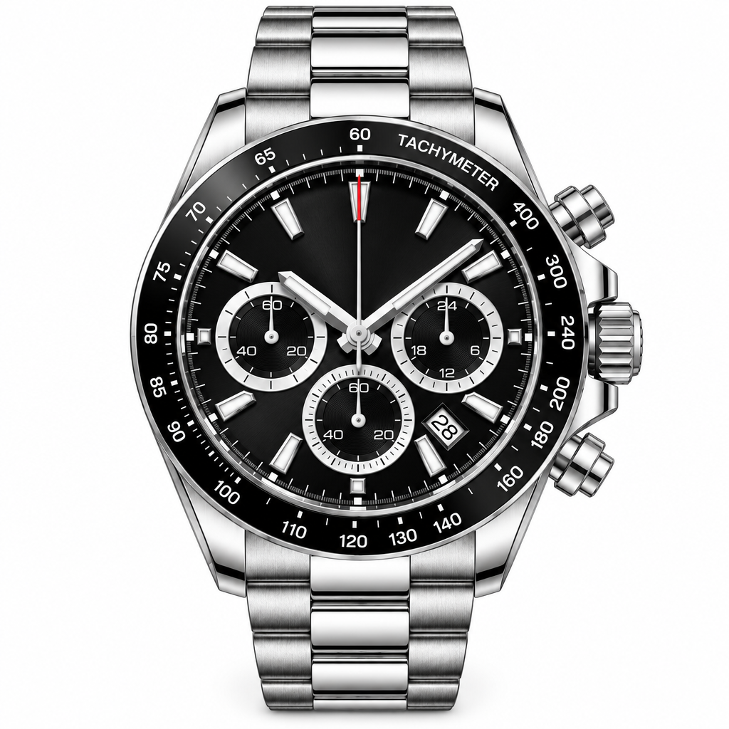 Front view of silver-tone bracelet watch with black dial and tachymeter bezel