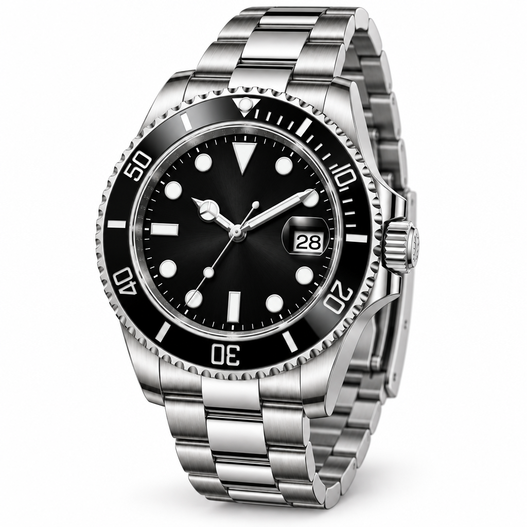 Three-quarter view of silver-tone black bezel watch