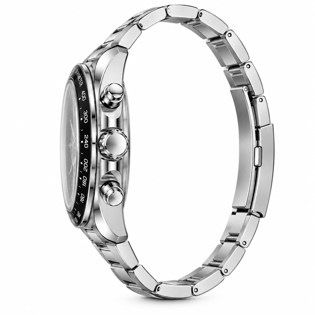 AI-generated side view of silver-tone watch; unverified case details