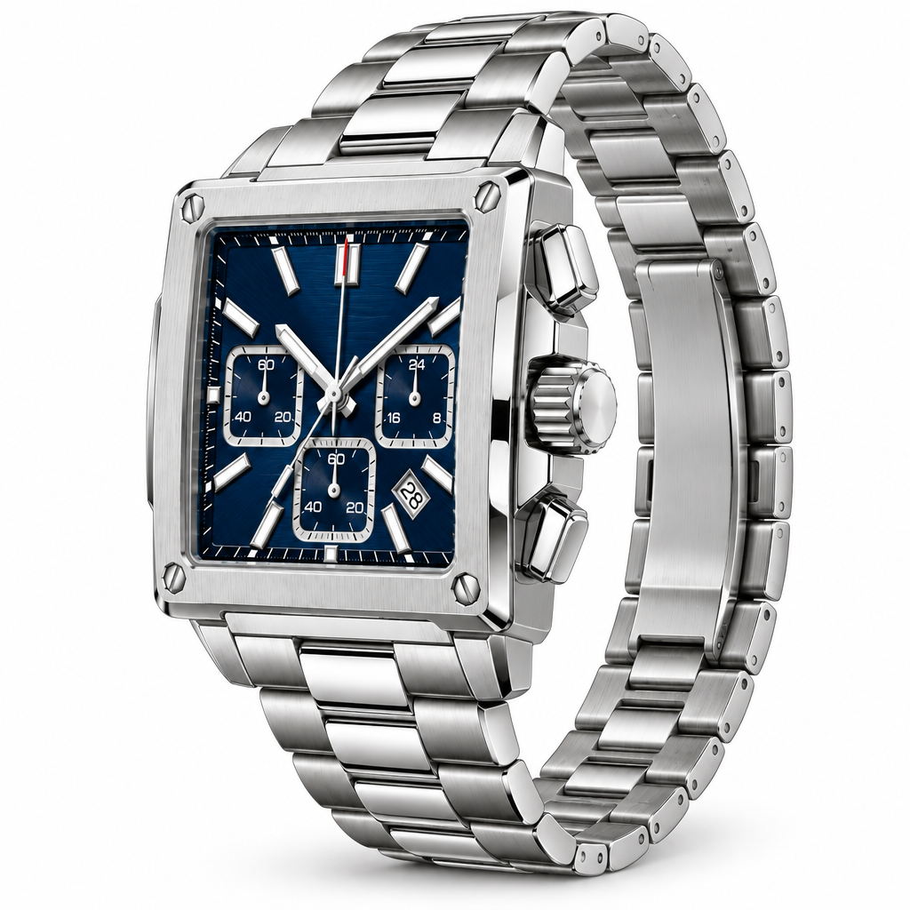 AI-generated side view of square silver-tone watch; unverified case details
