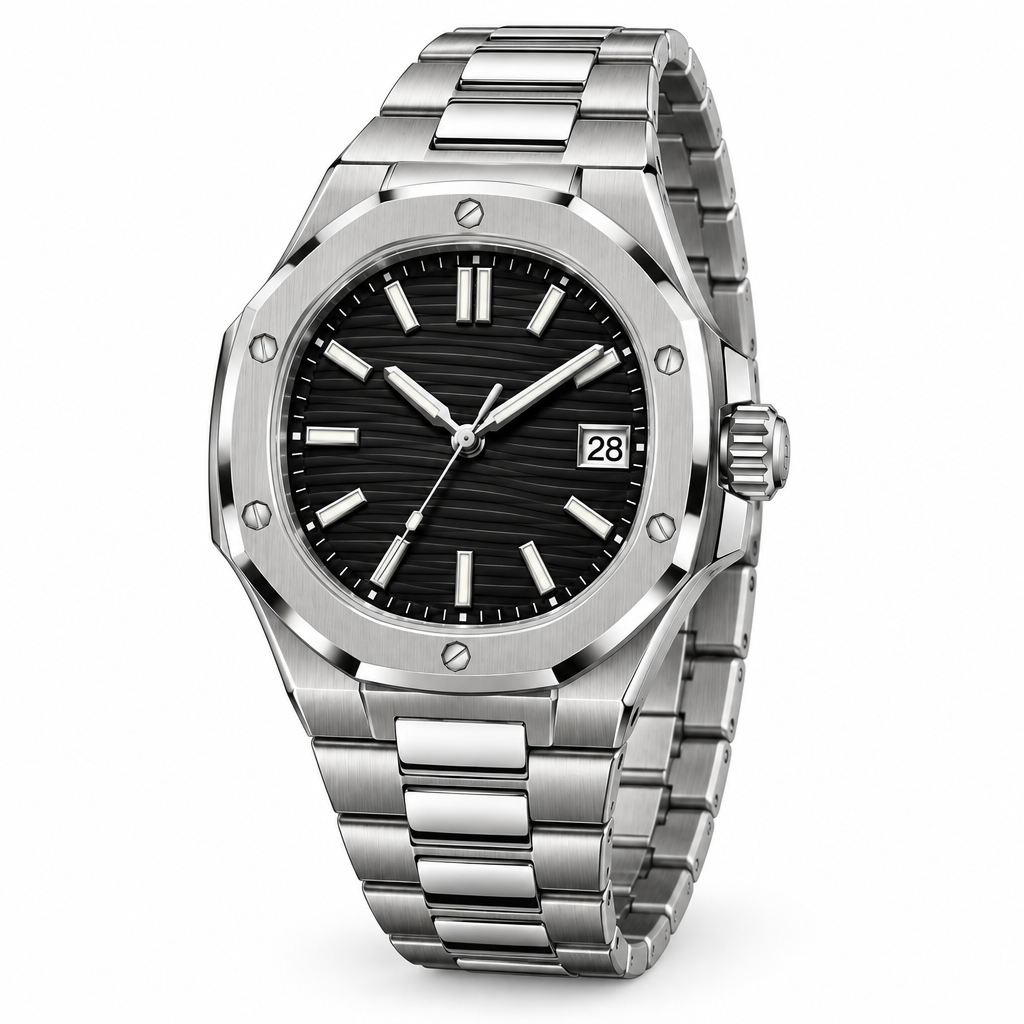 Three-quarter studio view of octagonal silver-tone watch with black dial
