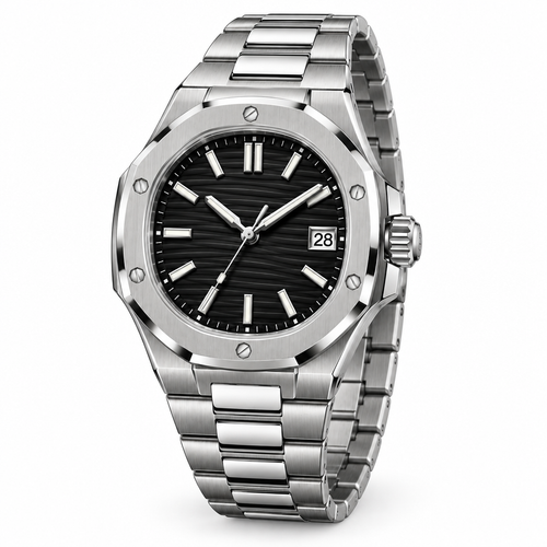 Three-quarter studio view of octagonal silver-tone watch with black dial