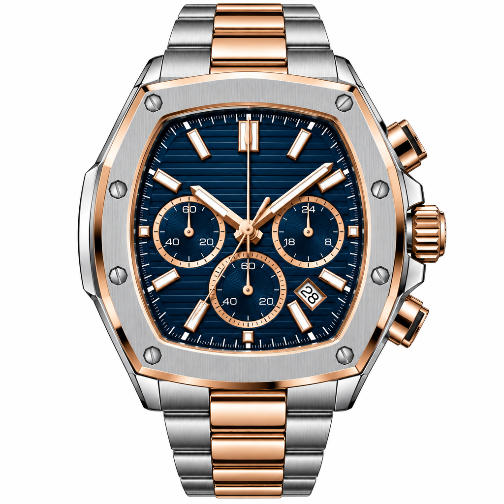 Front view of two-tone silver and rose-gold-tone watch with navy dial