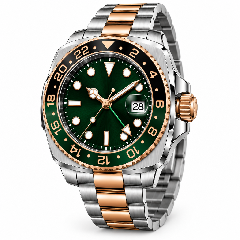 Three-quarter angle of two-tone silver and rose-gold-tone green watch