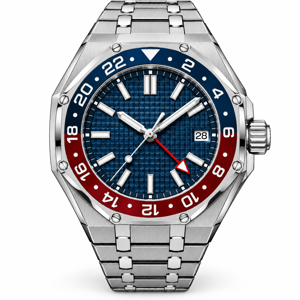 Front view of silver-tone octagonal watch with blue grid dial and blue-red bezel