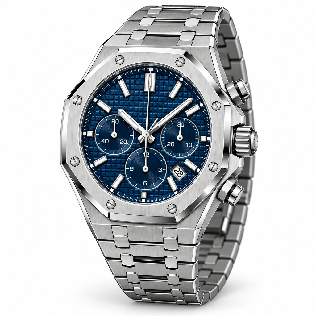 Three-quarter view of octagonal silver-tone blue-dial watch