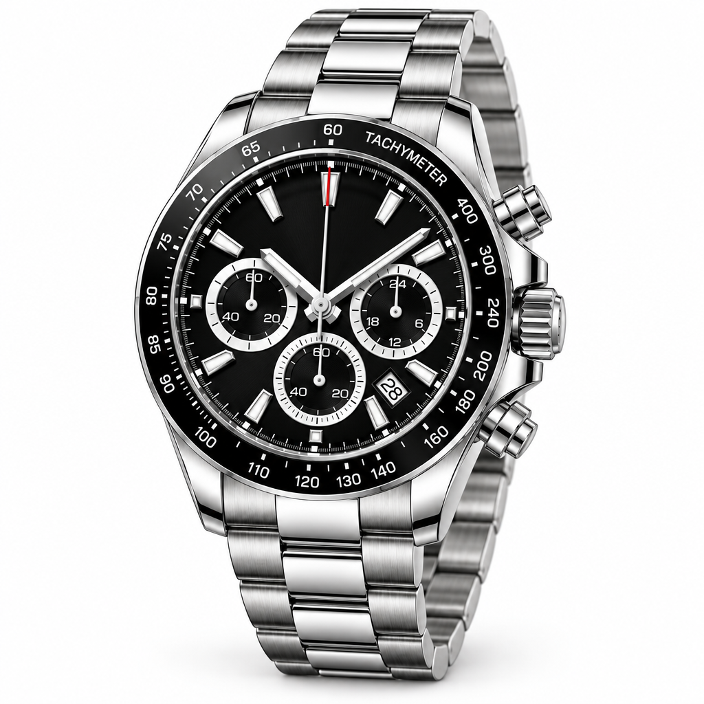 Three-quarter view of silver-tone bracelet watch with black dial