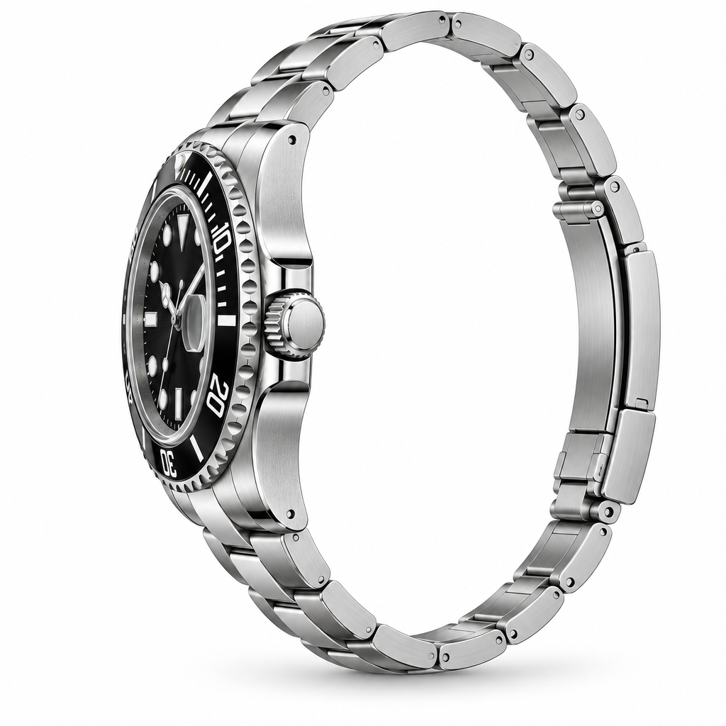 Side view showing the crown and bracelet of silver-tone black bezel watch