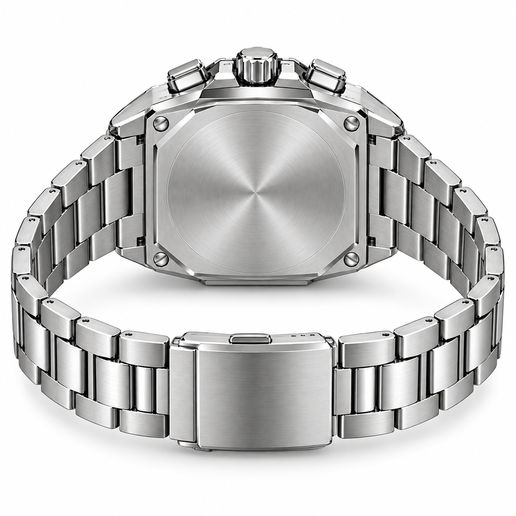 AI-generated rear composition of octagonal watch; caseback and clasp details unverified