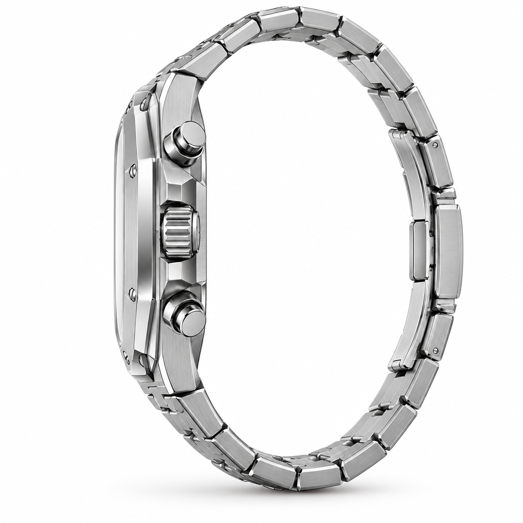 AI-generated side view of octagonal silver-tone watch; unverified case profile