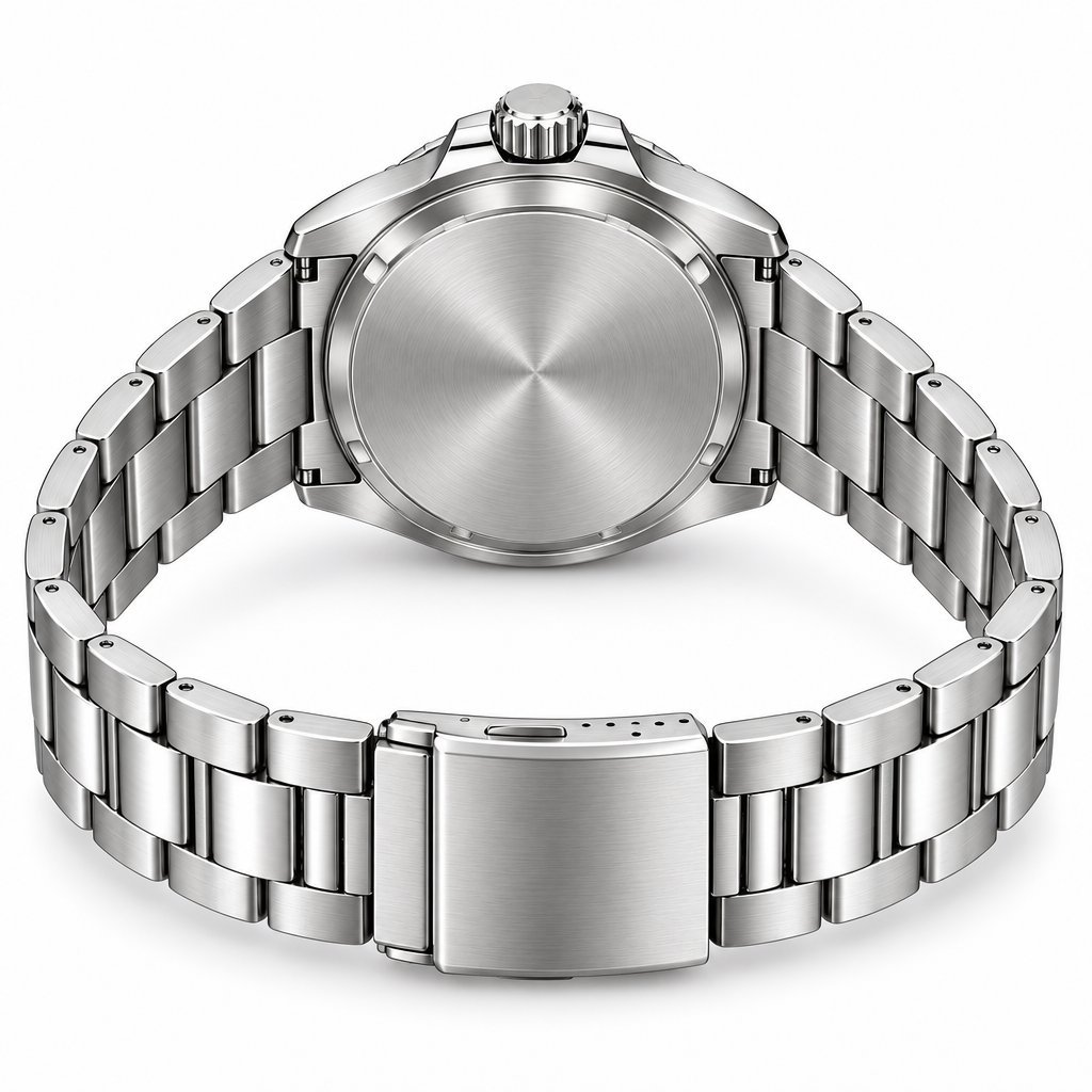 AI-generated rear view of silver-tone watch; caseback and clasp details unverified
