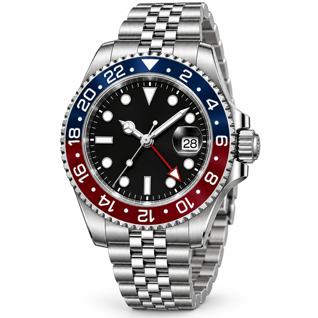 Three-quarter view of silver-tone watch with red-and-blue bezel