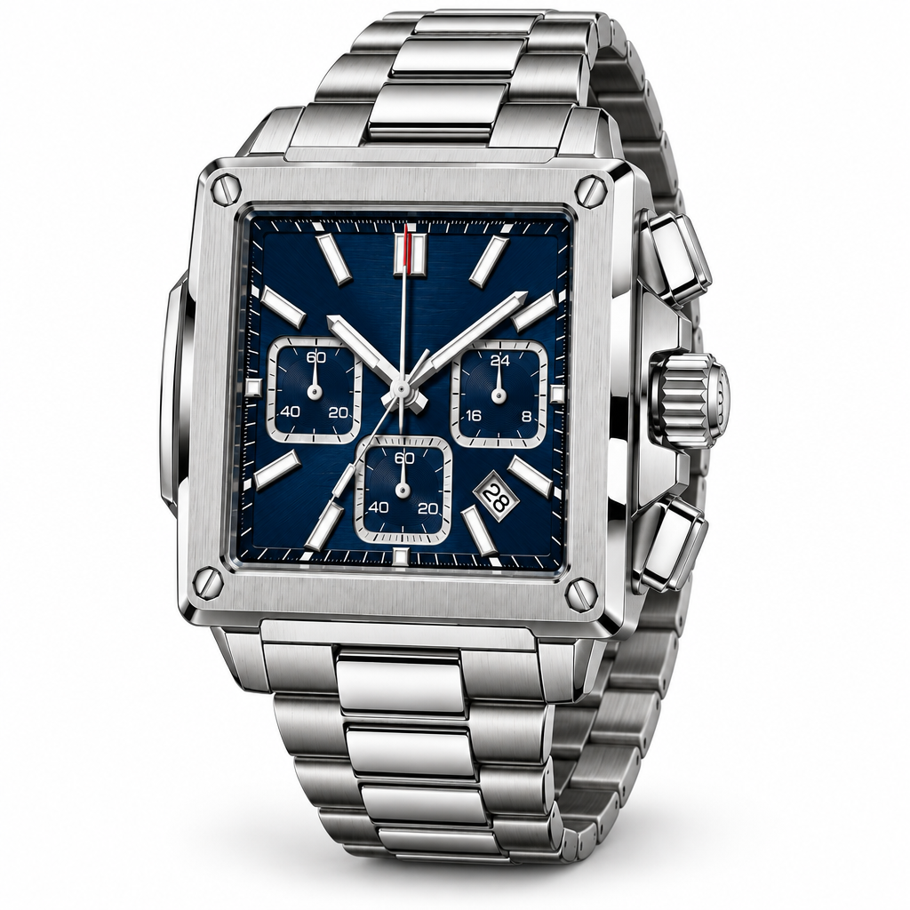 Three-quarter view of square silver-tone watch with blue dial