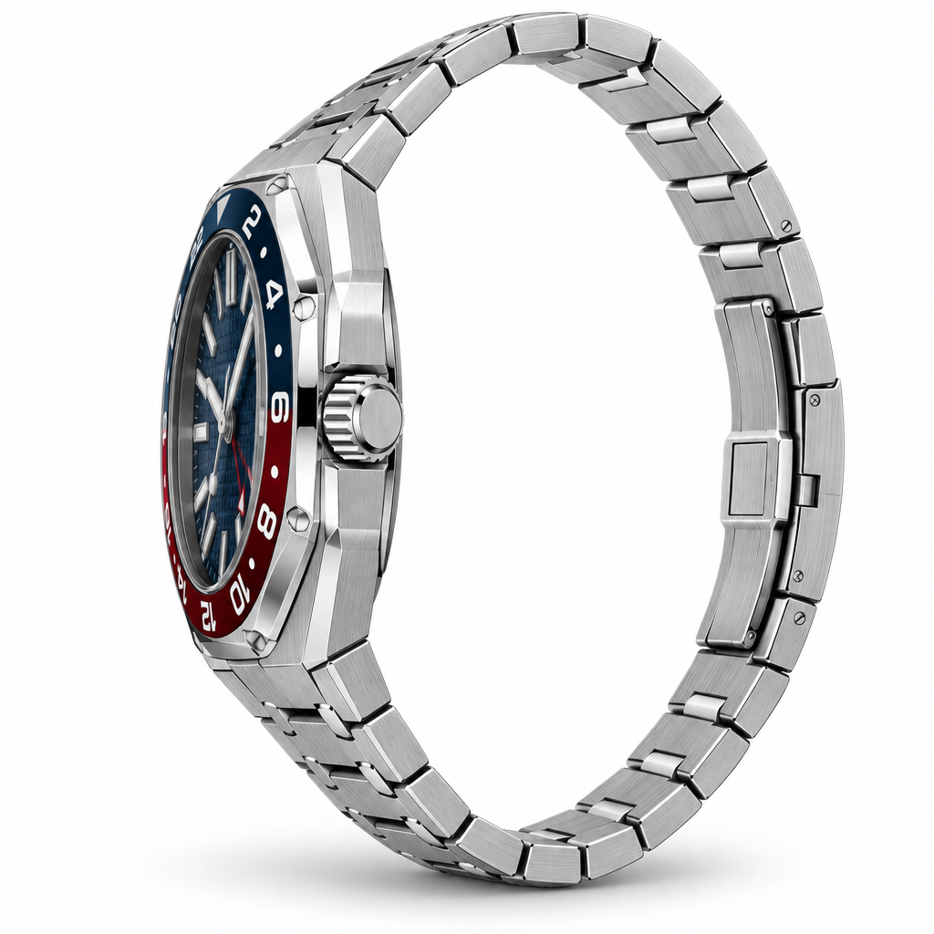 AI-generated right side profile of silver-tone octagonal watch; unverified case details