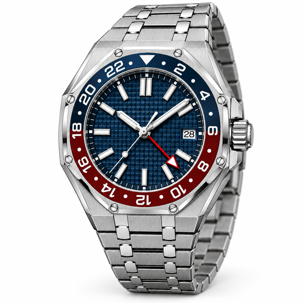 Three-quarter view of silver-tone octagonal blue-dial watch