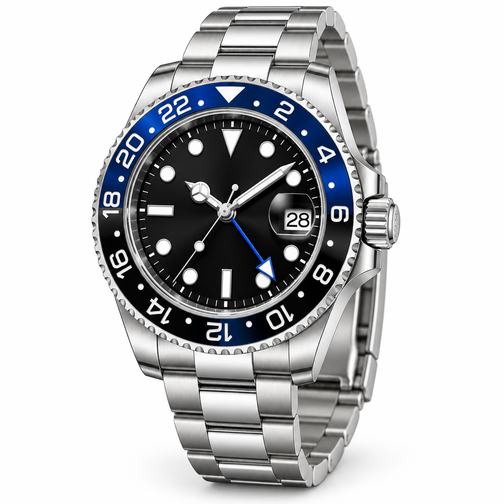 Three-quarter view of silver-tone blue-black bezel watch